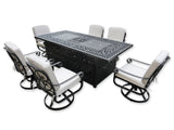 New 7 Piece Cast Aluminum Outdoor Patio Double Fire Pit Dining Table Set Antique Bronze Sunbrella Cushions Upgrade