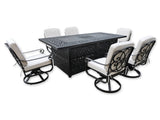 New 7 Piece Cast Aluminum Outdoor Patio Double Fire Pit Dining Table Sunbrella Cushions Upgrade