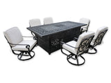 New 7 Piece Cast Aluminum Outdoor Patio Double Fire Pit Dining Table Sunbrella Cushions Upgrade