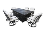 New 7 Piece Cast Aluminum Outdoor Patio Double Fire Pit Dining Table Sunbrella Cushions Upgrade