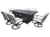 New 7 Piece Cast Aluminum Outdoor Patio Double Fire Pit Dining Table Sunbrella Cushions Upgrade