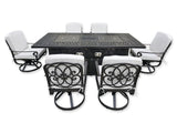 New 7 Piece Cast Aluminum Outdoor Patio Double Fire Pit Dining Table Sunbrella Cushions Upgrade