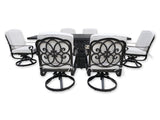 New 7 Piece Cast Aluminum Outdoor Patio Double Fire Pit Dining Table Sunbrella Cushions Upgrade