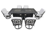 New 7 Piece Cast Aluminum Outdoor Patio Double Fire Pit Dining Table Sunbrella Cushions Upgrade