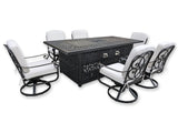New 7 Piece Cast Aluminum Outdoor Patio Double Fire Pit Dining Table Sunbrella Cushions Upgrade