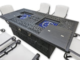 New 7 Piece Cast Aluminum Outdoor Patio Double Fire Pit Dining Table Sunbrella Cushions Upgrade