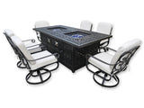 New 7 Piece Cast Aluminum Outdoor Patio Double Fire Pit Dining Table Sunbrella Cushions Upgrade