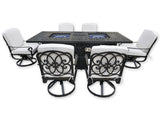 New 7 Piece Cast Aluminum Outdoor Patio Double Fire Pit Dining Table Sunbrella Cushions Upgrade