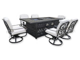 New 7 Piece Cast Aluminum Outdoor Patio Double Fire Pit Dining Table Sunbrella Cushions Upgrade