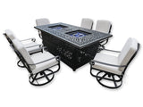 New 7 Piece Cast Aluminum Outdoor Patio Double Fire Pit Dining Table Sunbrella Cushions Upgrade