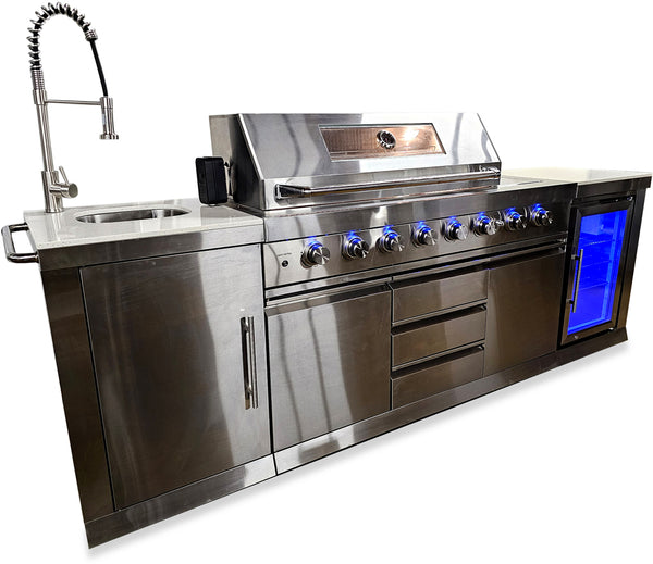 Marble Top 3 Piece Stainless Steel Outdoor BBQ Kitchen Grill Island wi