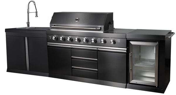 Piece 10' Long Marble Top Black Stainless Steel Outdoor BBQ
