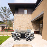 5 Piece Outdoor Patio Furniture Fire Pit Set Cast Aluminum Bronze 4 Chairs + Table Grey Stripe