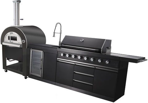 3 Piece Black Stainless Steel Outdoor BBQ Kitchen Grill Island w/ Refrigerator Sink Pizza Oven