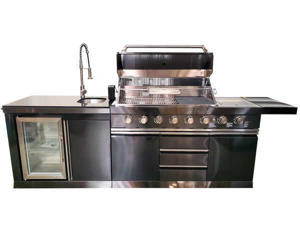Castelle Flame Verona 44-Inch 6-Burner 85K BTU Stainless Steel Outdoor BBQ Kitchen Grill Island With Wine Cooler, Rotisserie Kit, And Storage Cabinets (SAK97105)