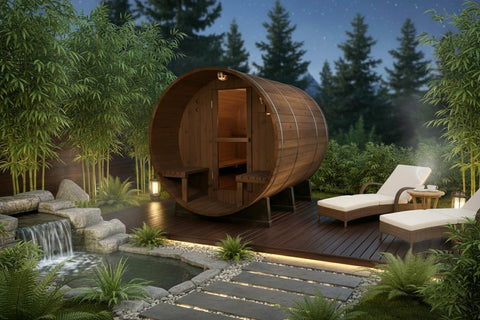 Large 6 Person 8' Canadian Red Cedar Barrel Outdoor Wet Dry Swedish Sauna with Porch 9KW Heater SOLID WOOD BEAMS Dark Oak Stain