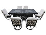 New 7 Piece Cast Aluminum Outdoor Patio Double Fire Pit Dining Table Set Antique Bronze Sunbrella Cushions Upgrade