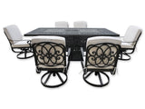 New 7 Piece Cast Aluminum Outdoor Patio Double Fire Pit Dining Table Set Antique Bronze Sunbrella Cushions Upgrade