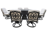 New 7 Piece Cast Aluminum Outdoor Patio Double Fire Pit Dining Table Set Antique Bronze Sunbrella Cushions Upgrade