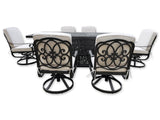 New 7 Piece Cast Aluminum Outdoor Patio Double Fire Pit Dining Table Set Antique Bronze