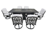 New 7 Piece Cast Aluminum Outdoor Patio Double Fire Pit Dining Table Set Antique Bronze