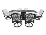 New 7 Piece Cast Aluminum Outdoor Patio Double Fire Pit Dining Table Set Antique Bronze Sunbrella Cushions Upgrade