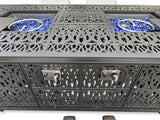 New 7 Piece Cast Aluminum Outdoor Patio Double Fire Pit Dining Table Set Antique Bronze Sunbrella Cushions Upgrade