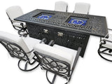 New 7 Piece Cast Aluminum Outdoor Patio Double Fire Pit Dining Table Set Antique Bronze Sunbrella Cushions Upgrade