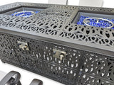 New 7 Piece Cast Aluminum Outdoor Patio Double Fire Pit Dining Table Set Antique Bronze Sunbrella Cushions Upgrade