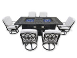 New 7 Piece Cast Aluminum Outdoor Patio Double Fire Pit Dining Table Set Antique Bronze Sunbrella Cushions Upgrade
