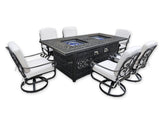 New 7 Piece Cast Aluminum Outdoor Patio Double Fire Pit Dining Table Set Antique Bronze Sunbrella Cushions Upgrade