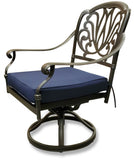 New 5 Piece Cast Aluminum Patio Fire Pit Conversation Set Antique Bronze w/ Sunbrella Navy Cushions