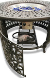 New 5 Piece Cast Aluminum Patio Fire Pit Conversation Set Antique Bronze w/ Sunbrella Navy Cushions