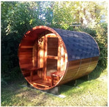 Large 6-8 Person 8' Canadian Red Cedar Barrel Outdoor Wet Dry Swedish Sauna with Porch 9KW Heater SOLID WOOD BEAMS NO PATCHWORK