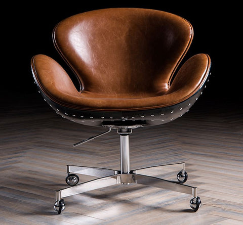 High End Designer Full Leather Aviation Swan Office Chair Aluminum Back w/ Rivets