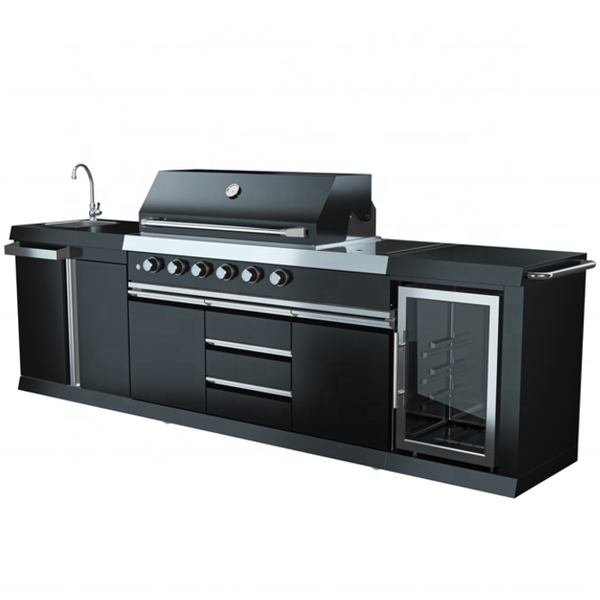 3 Piece 10' Long Marble Top Black Stainless Steel Outdoor BBQ Kitchen