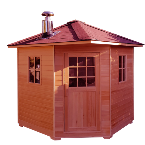 Outdoor Traditional Wood Fired Wet / Dry 4 Person Steam Sauna SPA w/ Shingled Roof Canadian Cedar