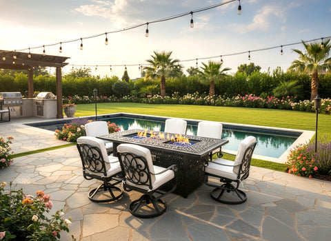 New 7 Piece Cast Aluminum Outdoor Patio Double Fire Pit Dining Table Set