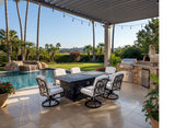 New 7 Piece Cast Aluminum Outdoor Patio Double Fire Pit Dining Table Set