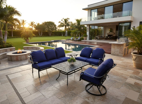 6 Seat Outdoor Cast Aluminum Patio Furniture Conversation Seating Set Upgraded 6" Cushions