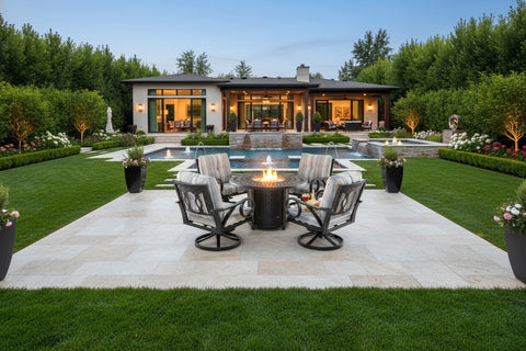 5 Piece Outdoor Patio Furniture Fire Pit Set Cast Aluminum Bronze 4 Chairs + Table Grey Stripe