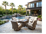 5 Piece Outdoor Patio Furniture Set w/ Fire Pit + 4 Swivel Rocker Aluminum Chairs Sunbrella Upgrade