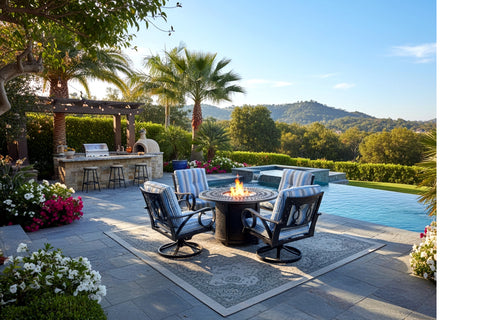 5 Piece Outdoor Patio Furniture Fire Pit Set Cast Aluminum Bronze 4 Chairs + Table  Blue Stripe