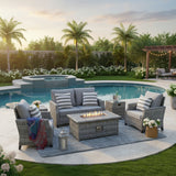Modern Grey Wicker 5 Piece Outdoor Patio Furniture Set (2 seater sofa) with Gas Fire Pit Pickup Sale