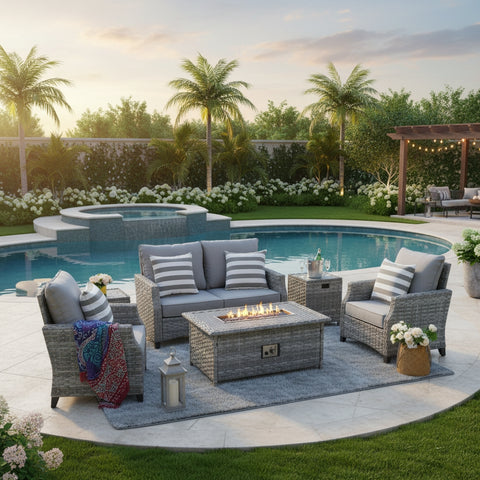 Modern Grey Wicker 5 Piece Outdoor Patio Furniture Set (2 seater sofa) with Gas Fire Pit