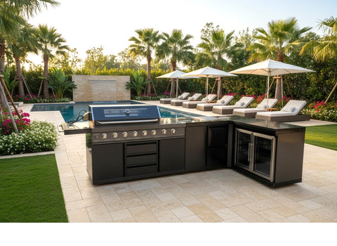 4 Piece Black Stainless Steel Marble Top Outdoor Kitchen Grill Island Twin Refrigerator Sink Corner