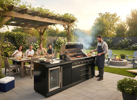 2 Piece Black Stainless Steel Outdoor BBQ Kitchen Grill Island w/ Refrigerator + Sink Marble Top Upgrade Brushed Nickel Faucet