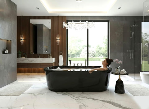 Black Hydrotherapy Whirlpool Jetted Bathtub Indoor Soaking Hot Bath Tub Freestanding - 037A