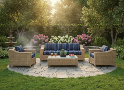 New 4 Piece Outdoor Wicker Garden Patio Set with 6" Cushions  SUNBRELLA Stanton Lagoon