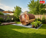 Large 6-8 Person 8' Canadian Red Cedar Barrel Outdoor Wet Dry Swedish Sauna with Porch 9KW Heater SOLID WOOD BEAMS NO PATCHWORK